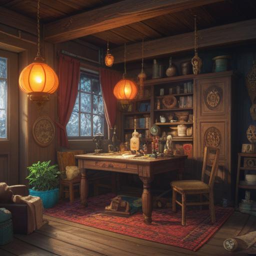 A solitary figure in a cozy room, surrounded by mystical accessories, shimmering charms and talismans on a wooden table, a warm glow from a single lamp, a sense of contemplation and hope, soft focus on the accessories highlighting their uniqueness, inviting atmosphere, 4k