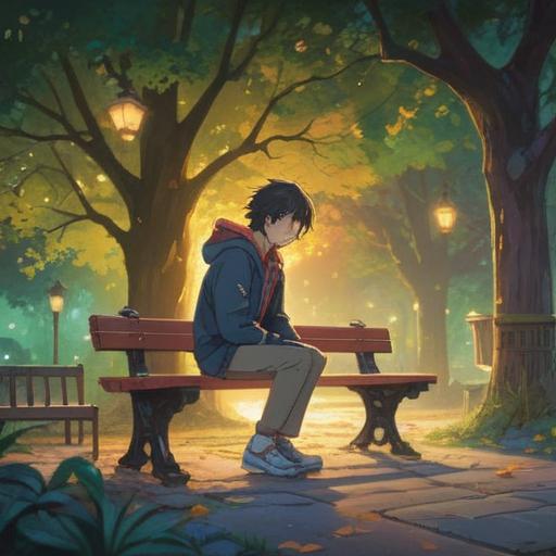 A serene and contemplative scene, a person sitting alone on a park bench, surrounded by blurred figures of people laughing and enjoying themselves, a gentle aura of solitude, soft sunlight filtering through the trees, ethereal glow, symbolizing inner reflection and spiritual growth, vibrant yet peaceful colors, 4k