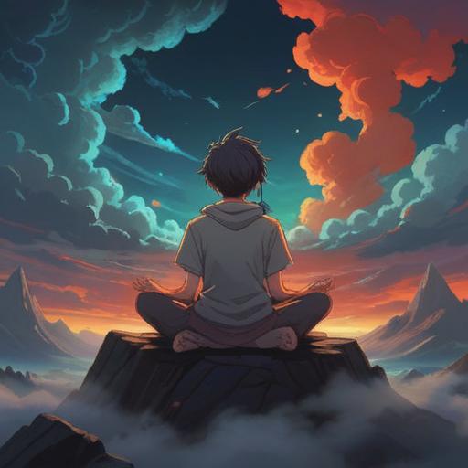 A serene illustration depicting a person sitting in a calm, meditative pose, surrounded by dark clouds that gradually part to reveal glowing light, symbols of growth and transformation emerging from the light, ethereal elements representing spiritual guidance, a sense of tranquility amidst confusion, soothing color palette, 4k