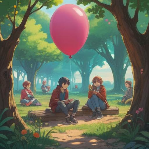 A scene depicting a person feeling isolated and bored in a vibrant park, surrounded by joyful friends but feeling disconnected, a bright balloon floats nearby symbolizing a lucky action, warm sunlight filtering through trees, detailed expressions of others having fun, contrasting feelings, 4k
