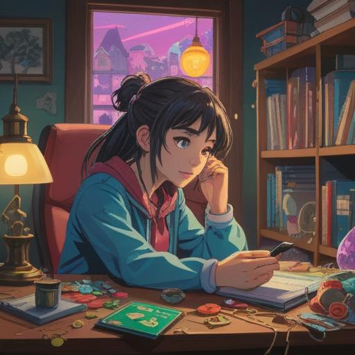 A whimsical scene of a person sitting at a desk, looking at their phone with a hopeful expression, surrounded by various lucky charms like four-leaf clovers, a horseshoe, and a lucky cat figurine, sunlight streaming through a window, vibrant colors, cozy atmosphere, hint of anxiety mixed with optimism, detailed interior, 4k