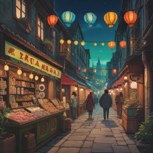 A whimsical and enchanting scene featuring a diverse group of individuals exploring a vibrant market filled with various charms and amulets, each representing different symbols of luck, colorful stalls adorned with intricate designs, a lively atmosphere filled with laughter and excitement, curious expressions as they discover the perfect charm for themselves, sunlight filtering through the trees, creating a magical glow, 4k