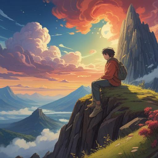 A thought-provoking illustration depicting a solitary figure sitting on a serene mountaintop, surrounded by swirling clouds representing thoughts and emotions, soft ethereal light filtering through, reflecting introspection and self-discovery, symbols of spiritual growth like butterflies and lotus flowers, peaceful landscape, calming atmosphere, vibrant colors, 4k