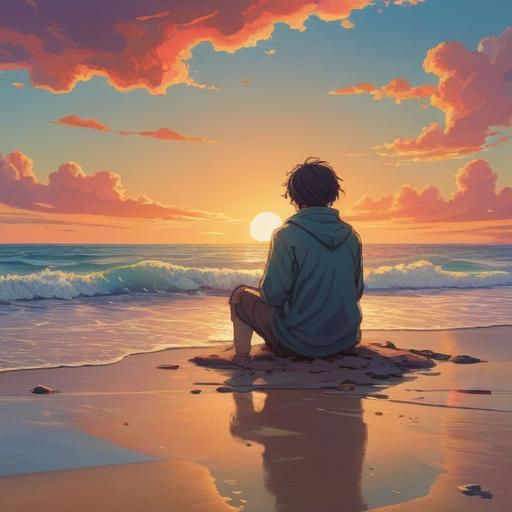 A serene and reflective scene, a lone figure sitting on a tranquil beach at sunset, surrounded by gentle waves and colorful sky, soft glowing light around them symbolizing inner peace, ethereal aura representing spiritual awareness, peaceful expression on the face, nature's beauty harmonizing with human emotion, 4k