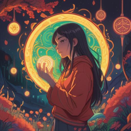 A serene and uplifting illustration of a person embracing themselves, surrounded by a vibrant circle of light symbolizing self-love, warm colors radiating happiness, a peaceful garden background with blooming flowers and soft sunlight filtering through the trees, a gentle smile on the character's face, capturing the essence of inner joy and positivity, 4k