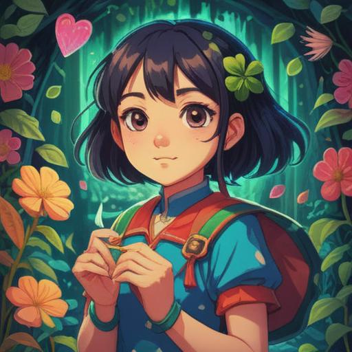 A vibrant and uplifting illustration, symbols of love energy, radiant colors, lucky items like hearts and four-leaf clovers, warm and inviting atmosphere, whimsical design, characters exchanging gifts, glowing aura surrounding them, serene environment, magical and hopeful vibe, 4k