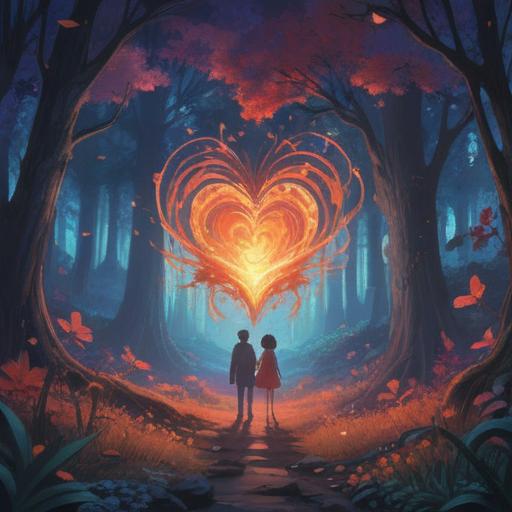 A mystical scene depicting the ethereal connection between two souls, glowing heart energy surrounding them, soft light illuminating their silhouettes, a serene background with floating orbs, gentle expressions reflecting love and support, vibrant colors representing positive energy, dreamlike atmosphere, 4k