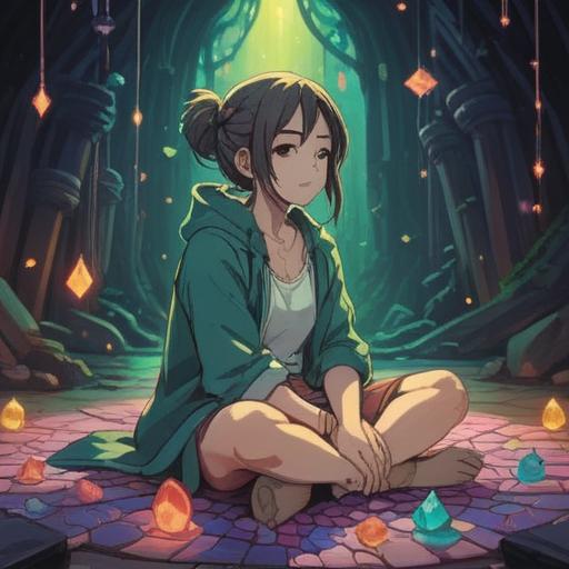 A serene moment of reflection, a person sitting cross-legged with closed eyes, surrounded by sparkling gemstones and soft light, a peaceful and meditative atmosphere, the essence of luck and preparation, colorful jewelry symbols floating around, displaying hopes and dreams, tranquil environment, harmonious energy, 4k