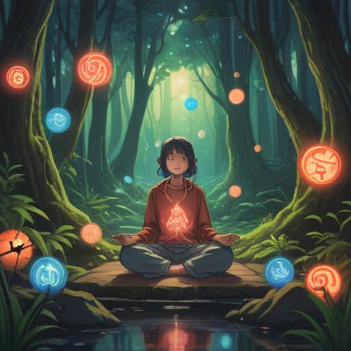A serene illustration depicting a person in meditation, surrounded by glowing orbs of light representing spiritual signs, a tranquil forest backdrop, soft ethereal colors illuminating the scene, gentle aura suggesting connection with the universe, harmonious energy flow, peaceful and reflective mood, 4k