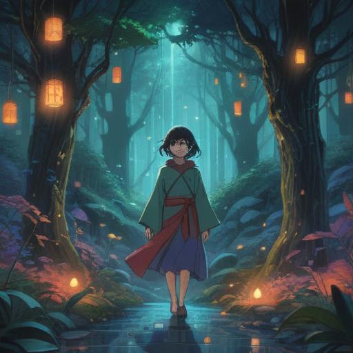 A mystical scene depicting a person in nature, surrounded by ethereal lights and subtle whispers, representing unseen forces, a serene expression on their face, soft rays of sunlight filtering through the trees, colorful aura emanating from the individual, gentle breeze rustling leaves, tranquil river flowing nearby, 4k