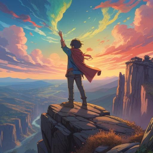 A powerful illustration of an individual standing on a cliff, eyes closed, hands raised to the sky, surrounded by swirling colors representing emotions, wind blowing dramatically, symbolic gestures capturing the essence of inner turmoil and resolution, vibrant and contrasting colors, dynamic movement, vivid expression of hope and determination, inspirational atmosphere, 4k