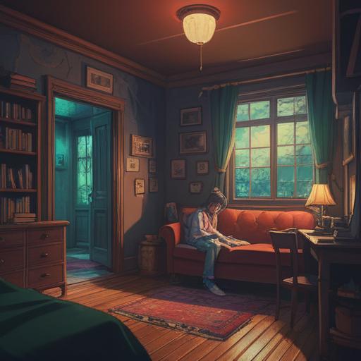 A tense scene depicting a person in a dimly lit room, anxiety evident on their face, shadows creeping along the walls, a faint outline of a figure lurking outside the window, an eerie atmosphere, gripping tension, detailed facial expressions, 4k