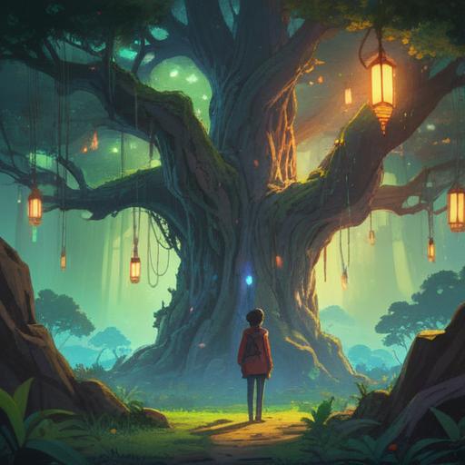 A serene moment in nature, a person standing still under a large ancient tree, feeling the presence of unseen spirits, soft glowing orbs around, gentle breeze rustling leaves, ethereal light filtering through branches, a sense of awareness and connection to the spiritual realm, visual representation of intuition, calm and contemplative atmosphere, 4k