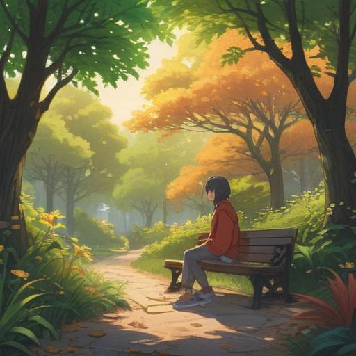 A serene and reflective scene, a person sitting alone in a peaceful park, gentle breeze rustling leaves, soft sunlight filtering through branches, a feeling of vulnerability and contemplation, subtle expressions of anxiety and self-awareness, soothing colors, inviting atmosphere, mindfulness and support, 4k