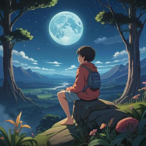 A serene landscape reflecting solitude, an ethereal figure contemplating under a starry sky, soft beams of moonlight illuminating the scene, symbolic elements like floating feathers and distant mountains, a sense of introspection and spiritual awakening, calm colors, atmospheric depth, dreamlike quality, 4k