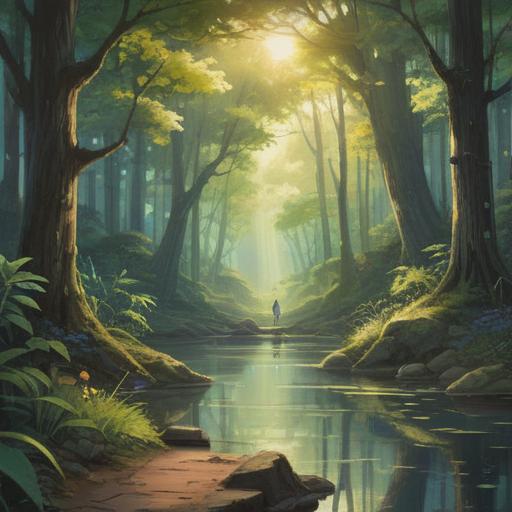A serene forest scene, soft rays of sunlight filtering through the trees, a peaceful path leading to a small clear pond, symbolic signs like feathers and stones scattered along the path, a sense of tranquility and wonder, inviting nature elements, hints of spirituality, vibrant greenery, gentle reflections in the water, uplifting atmosphere, 4k