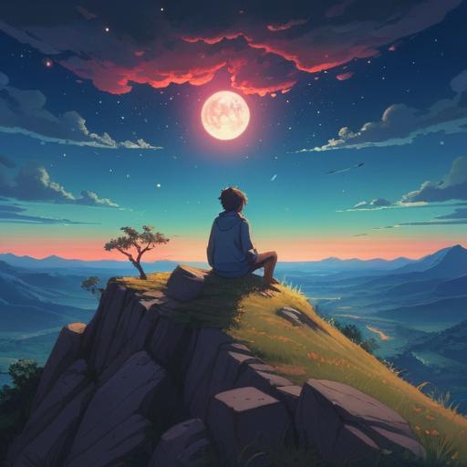 A serene and introspective scene, a solitary figure sitting on a hilltop, gazing at the stars, surrounded by a gentle glow of ethereal light, soft winds rustling the grass, symbolic representations of spiritual signs like feathers and butterflies in the air, an overall sense of stillness and reflection, deep connection to self and the universe, 4k