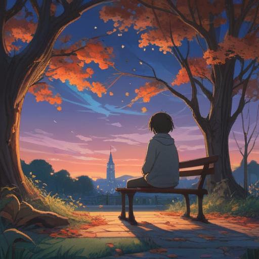 A serene illustration depicting a person sitting on a park bench, looking contemplative under a twilight sky, gentle breeze rustling the leaves, scattered lucky charms around, a soft glowing light illuminating the scene, symbolizing hope and positivity, introspective mood, peaceful ambiance, 4k