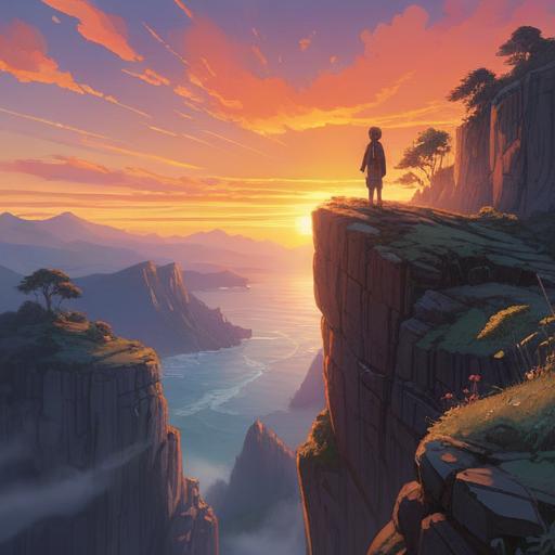 A serene illustration of a person standing at the edge of a vast cliff, overlooking a beautiful sunset, symbols of hope and resilience in the foreground, soft glowing lights, a gentle breeze depicted through flowing hair, reflections of past struggles in the ocean below, a journey of self-discovery and overcoming loneliness, vibrant colors blending in the sky, 4k