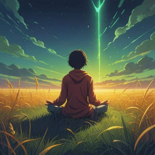 A serene and introspective illustration, a solitary figure meditating in an open field, surrounded by ethereal light, symbolizing isolation and reflection, soft pastel colors, gentle breeze depicted in the grass, a clear sky creating a sense of peace, deeper spiritual connections, nature as a backdrop, 4k