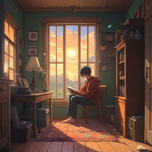 A solitary figure sitting alone in a cozy room, looking at an untouched smartphone, soft rays of sunlight streaming through the window, a sense of calm and tranquility, a steaming cup of tea on the table, peaceful ambiance, introspective mood, surrounded by books and plants, warm color palette, inviting atmosphere.