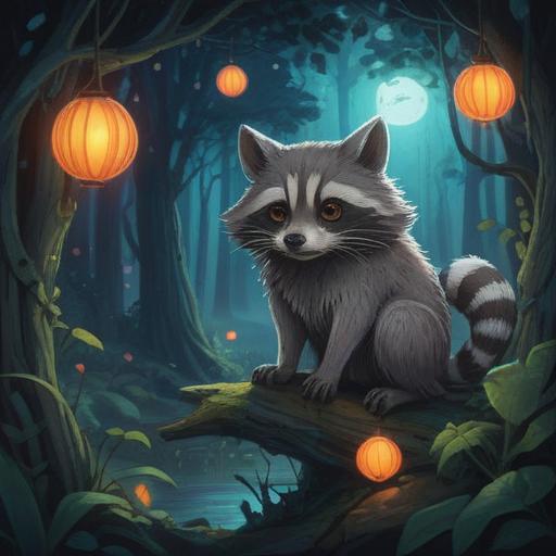 A mystical scene depicting a raccoon under the moonlight, surrounded by glowing orbs of light, symbolic energies radiating, tranquil forest setting, deep spiritual connection, ethereal atmosphere, and harmonious nature, 4k