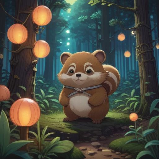 A serene forest scene, featuring a mystical tanuki under a moonlit sky, surrounded by glowing orbs of light, symbolizing spiritual guidance, lush greenery, magical aura, tranquil atmosphere, profound connection to nature, suggestive of good omens and protection, 4k