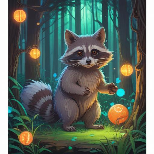 A mystical scene featuring a raccoon in a serene forest, surrounded by glowing orbs of light, symbols of spiritual signs gently floating in the air, soft sunlight filtering through the trees, magical atmosphere, detailed foliage, inviting path, sense of wonder and caution, 4k