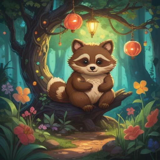 A serene forest scene featuring a charming tanuki, surrounded by vibrant flora, glowing lucky charms hanging from tree branches, a soft, inviting light filtering through the leaves, evoking a sense of fortune and wonder, peaceful atmosphere, captivating details, 4k