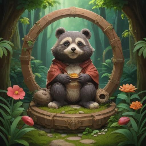 A serene landscape featuring a lucky tanuki statue, surrounded by lush greenery and blooming flowers, people planting seeds around the statue, a bright blue sky overhead, symbolizing good fortune and prosperity, warm sunlight illuminating the scene, harmonious atmosphere, 4k