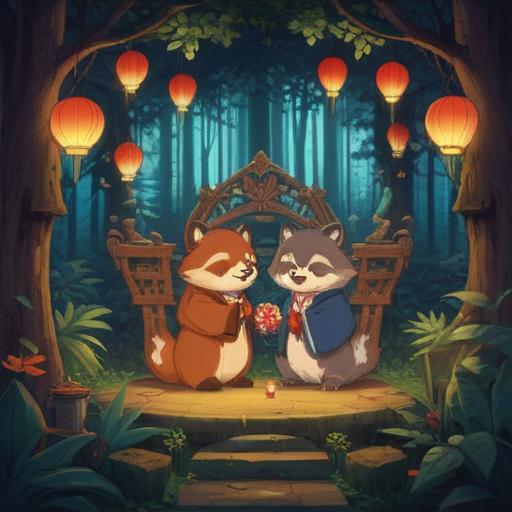 A mystical scene depicting a tanuki's wedding ceremony, surrounded by ethereal spirits, lush forest setting, soft glowing lights, traditional Japanese attire, vibrant flowers, enchanting atmosphere, symbolic elements of transformation and love, serene expressions, 4k
