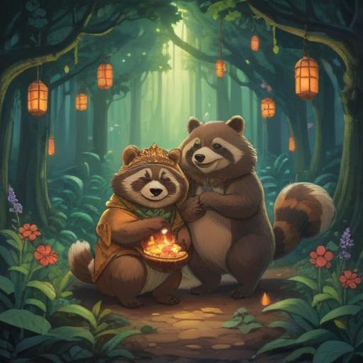 A mystical scene depicting a tanuki wedding, lush forest background, glowing spirits and ethereal light, symbolic elements of nature, joyful celebration, traditional Japanese attire, serene atmosphere, spiritual energy radiating, enchanting details, 4k