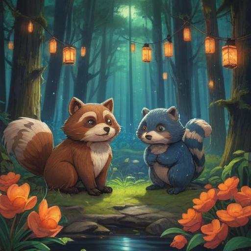 A serene forest scene depicting a tanuki wedding, ethereal lights shimmering through the trees, mystical symbols carved into the bark, animals gathering to witness the event, soft whispers of nature, vivid green foliage, sacred atmosphere, traditional Japanese motifs, 4k