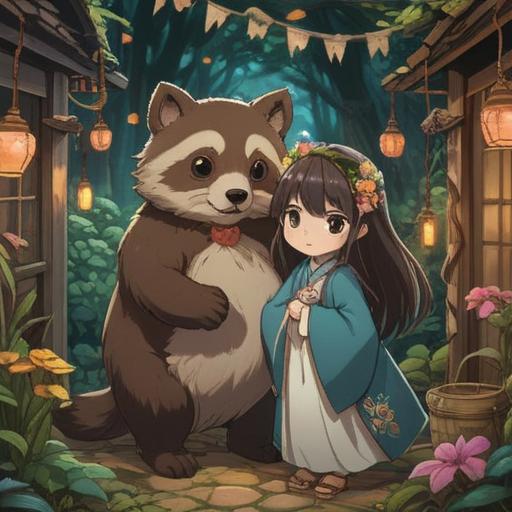 A whimsical illustration depicting a lucky charm designed to prevent the displeasure of a tanuki's wedding, featuring intricate details of the charm, surrounded by serene forest scenery, vibrant colors, and subtle magical elements, capturing the essence of Japanese folklore, tranquil atmosphere, enchanting vibe, 4k