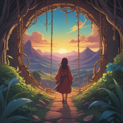 A serene landscape depicting a person shedding heavy chains symbolizing spiritual burdens, surrounded by soft light and gentle nature, symbolic representations of clarity and peace emerging from the surroundings, vibrant colors, uplifting atmosphere, harmonious balance between earth and sky, tranquil expression on the person's face, 4k