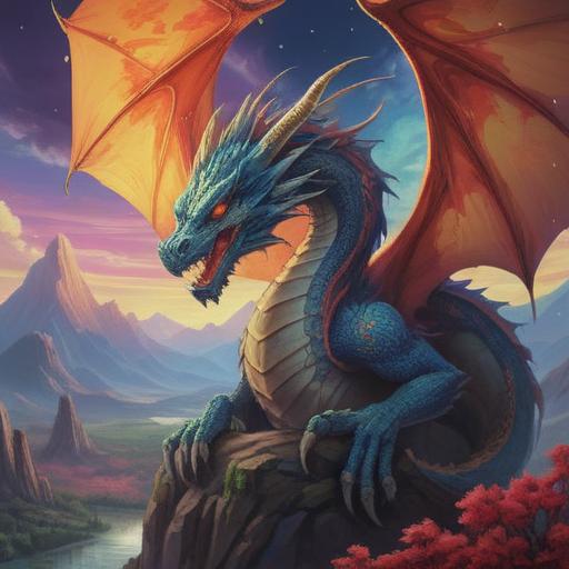 A mystical scene depicting a dragon symbolizing the Year of the Dragon, vibrant colors, spiritual signs manifesting in the sky, ethereal light beams, harmonious nature surrounding the dragon, clear night sky with stars, sacred symbols floating, serene atmosphere, detailed textures, captivating energy, 4k