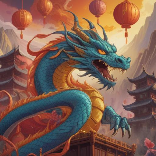 A vibrant illustration depicting lucky items for the Year of the Dragon, a majestic dragon symbolizing strength and fortune, traditional Chinese motifs like red envelopes and gold coins, a festive atmosphere with lanterns and fireworks, intricate details showcasing cultural elements, 4k
