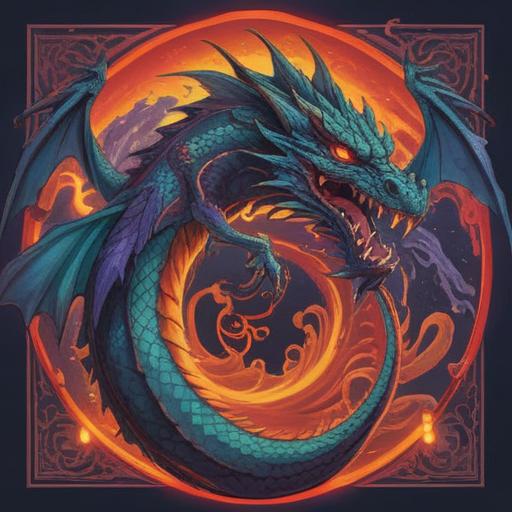 A powerful dragon motif, symbolizing energy and vitality, vibrant colors representing fortune, three key words in elegant calligraphy, dynamic composition illustrating movement and strength, mystical aura surrounding the dragon, a background that enhances the theme of prosperity and good luck, 4k