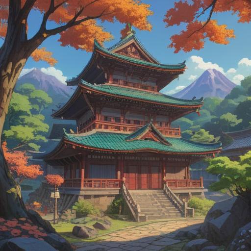 A serene and mystical scene depicting the spiritual essence of Takkakushi Bishamondo, sacred architecture, ancient Japanese Buddhist temple, surrounded by lush greenery, tranquil atmosphere, stone carvings representing deities, soft light filtering through trees, a sense of peace and enlightenment, 4k
