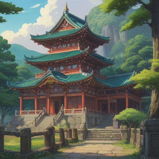 A serene landscape featuring the Dattakutsu Bishamon-do temple, surrounded by lush greenery, tranquil atmosphere, spiritual symbols representing good signs, rays of sunlight filtering through the trees, intricate architecture of the temple, peaceful meditation scene, 4k