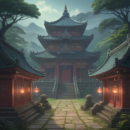 A serene and mystical illustration of the Datta Kudo Bishamondo temple, enveloped in mist, ancient stone carvings reflecting spiritual symbols, vibrant autumn leaves scattered on the ground, soft light filtering through the trees, visitors looking contemplative, subtle hints of energy, peaceful atmosphere, 4k