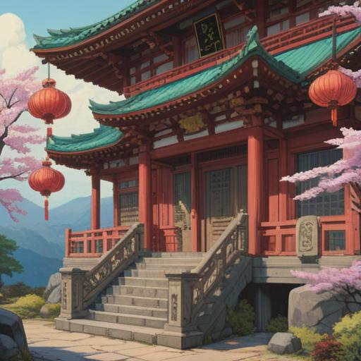 A serene illustration of the Date Post Shrine, featuring the iconic Bishamon-do hall, surrounded by nature, with lucky charms like the traditional omamori and vibrant talismans, evoking a sense of good fortune and spirituality, peaceful atmosphere, intricate details on the architecture, vibrant colors, 4k