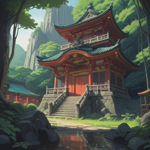 A serene illustration of the Daigatani Cave Bishamon-do Temple, tranquil setting, lush greenery surrounding the temple, visitors meditating peacefully, spiritual atmosphere, light filtering through trees, traditional Japanese architecture, harmonious nature, soft sunlight illuminating the scene, 4k