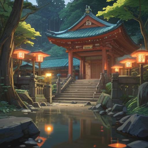 A serene landscape featuring Takiharagu Shrine, lush greenery, tranquil atmosphere, spiritual significance, vibrant natural surroundings, traditional Japanese architecture, floating cherry blossoms, sunlight filtering through trees, calm water reflecting the shrine, 4k