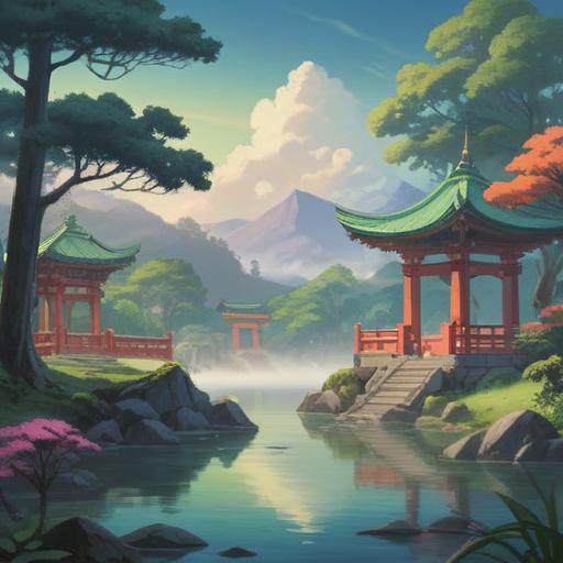 A serene landscape featuring Takihara Shrine, surrounded by lush green trees and tranquil water, ethereal mist rising, vibrant colors reflecting spiritual energy, traditional Shinto architecture, peaceful atmosphere, inviting path leading to the shrine, soft light filtering through leaves, 4k