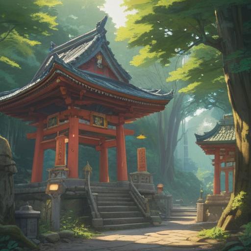 A serene visit to Takihara Shrine, mystical symbols in the surroundings, ethereal light filtering through trees, guardian spirits represented by nature, traditional architecture blending with spirituality, visitors observing signs, tranquil atmosphere inviting reflection, harmonious connection with nature, sacred energy emanating, 4k