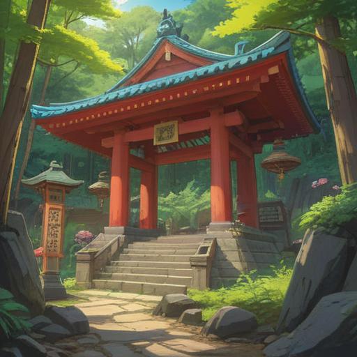 A serene scene at Takihara Shrine, featuring protective charm items, traditional Japanese style, lush greenery, tranquil atmosphere, warm sunlight filtering through trees, intricate details on charms, peaceful temple surroundings, local visitors engaging with the shrine, 4k