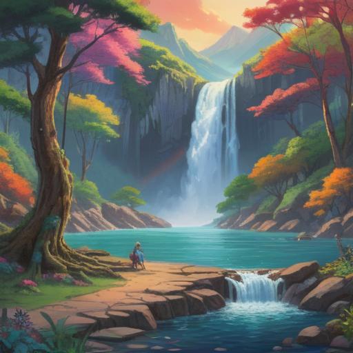 An ethereal landscape featuring a majestic waterfall cascading into a serene pool, a vibrant rainbow arching across the sky, symbolizing hope and renewal, mist rising from the water creating a mystical ambiance, lush greenery surrounding the scene, sunlight filtering through the leaves, tranquil and harmonious atmosphere, a sense of spiritual awakening, high-resolution