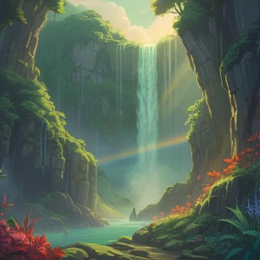 A serene waterfall cascading down lush green cliffs, vibrant rainbow arching above, sunlight filtering through gentle mist, birds soaring in the clear blue sky, tranquil atmosphere, symbolizing spiritual blessings and positivity, vivid colors, harmonious nature scene, 4k