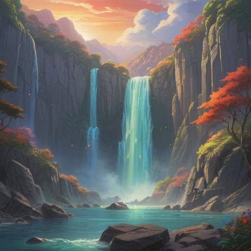A serene scene of a waterfall cascading down rocky cliffs, a vibrant rainbow arcing gracefully across the sky, ethereal light filtering through mist, symbolizing spiritual awakening and harmony, lush greenery surrounding the waterfall, tranquil atmosphere, inviting reflection and enlightenment, 4k